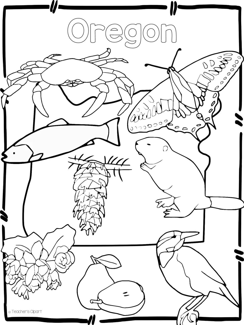 Oregon symbols coloring page: outlines of a crab, swallowtail, salmon, beaver, fir cone, Oregon grape, pears and a bird