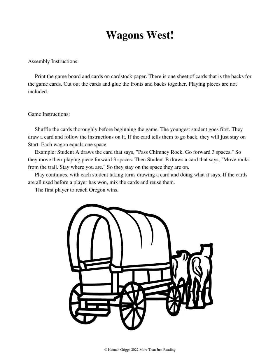 Wagons West! rules: print on cardstock, glue card backs, then take turns drawing cards; first player to reach Oregon wins