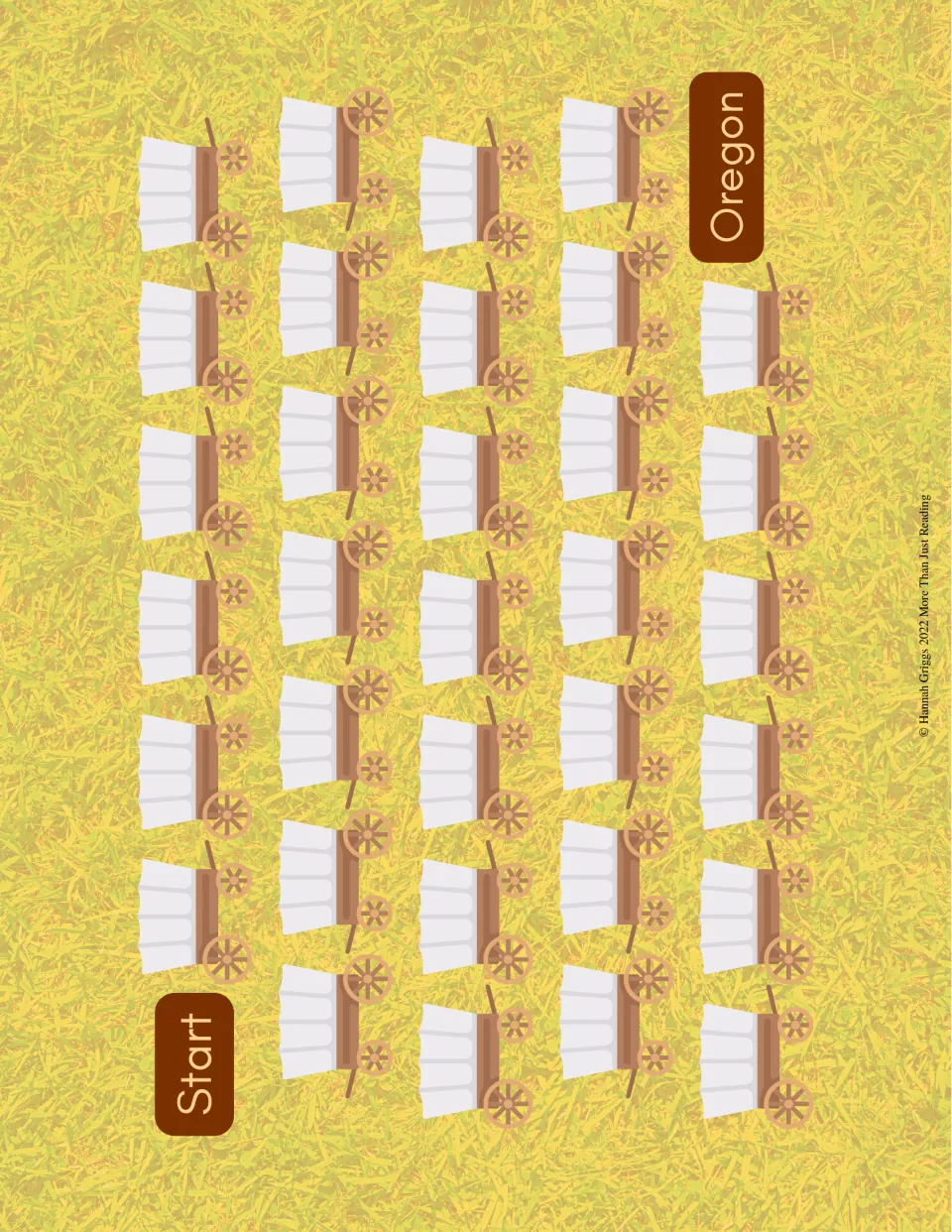 Game board: a winding path of covered wagon spaces on prairie grass leading from Start to Oregon for moving playing pieces