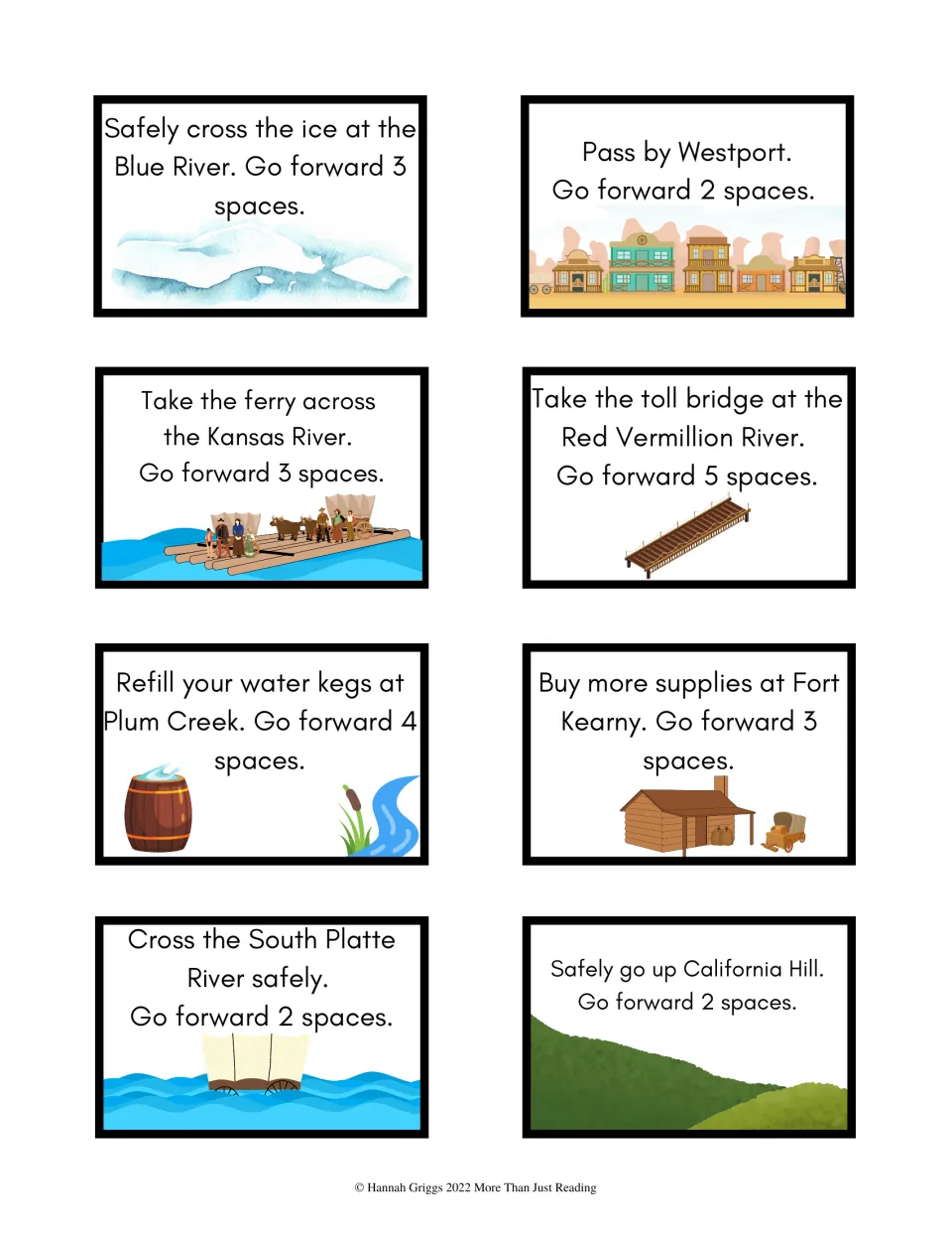Go-forward trail cards: cross the Blue and Kansas Rivers, pass Westport, buy supplies at Fort Kearny, climb California Hill