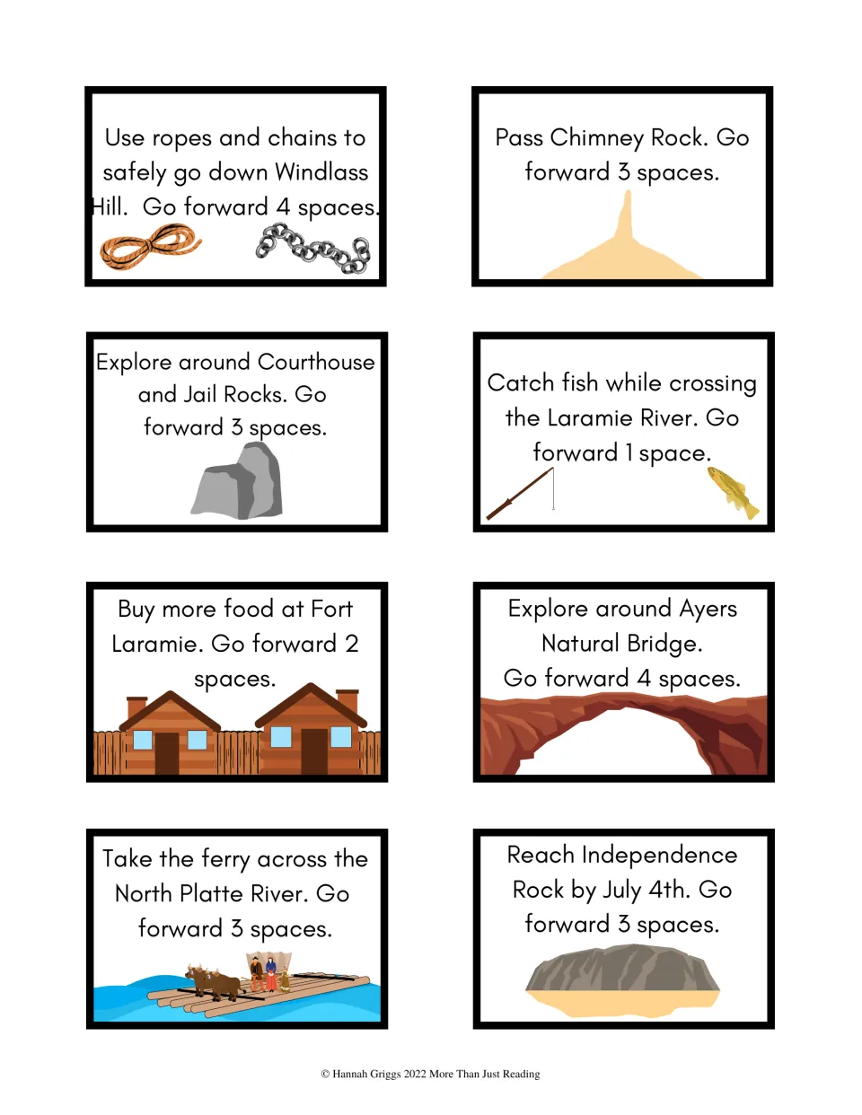 Landmark move-ahead cards: Windlass Hill, Chimney Rock, Courthouse and Jail Rocks, Fort Laramie and Independence Rock