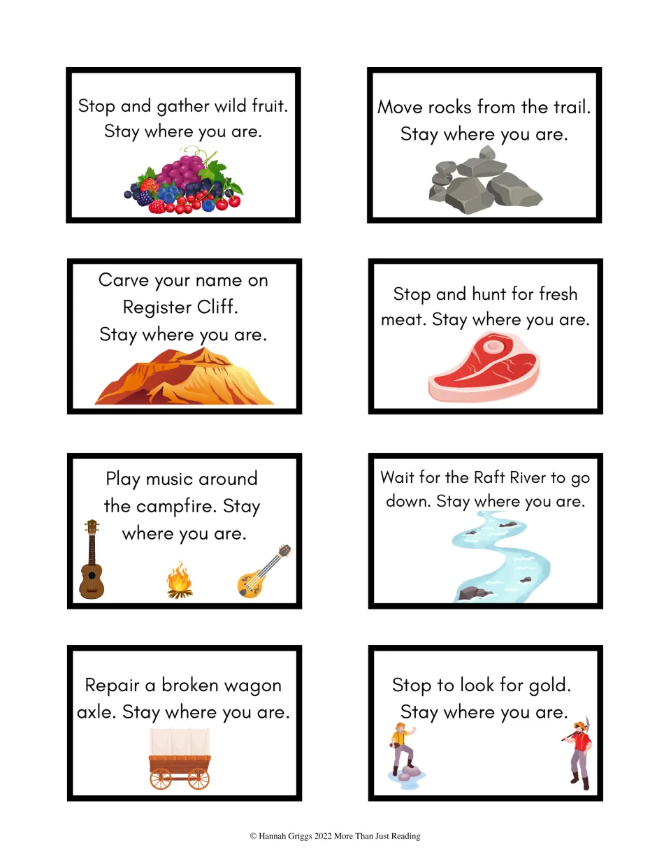Stay-where-you-are cards: gather wild fruit, carve a name on Register Cliff, hunt, repair a wagon axle and look for gold