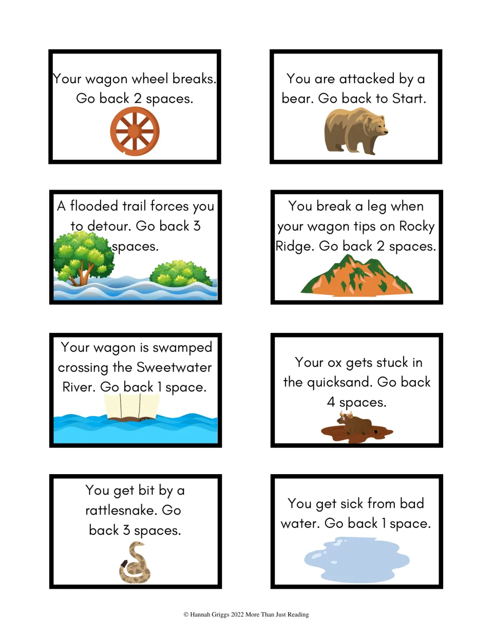 Go-back hazard cards: broken wagon wheel, bear attack, flooded trail, quicksand, rattlesnake bite and bad water