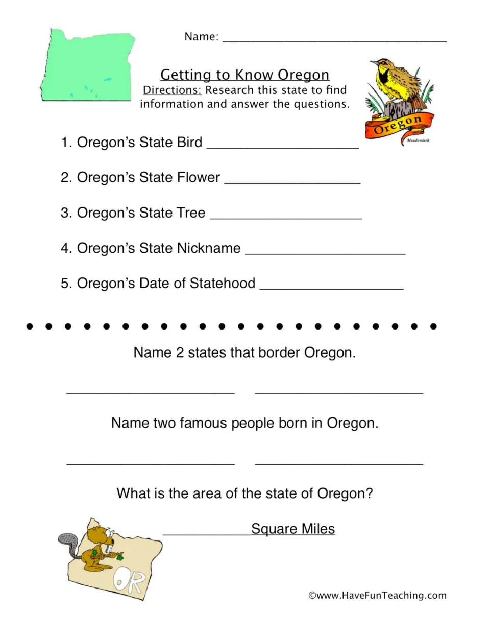 Oregon research worksheet asking for state symbols, nickname, statehood, bordering states, people, and area.