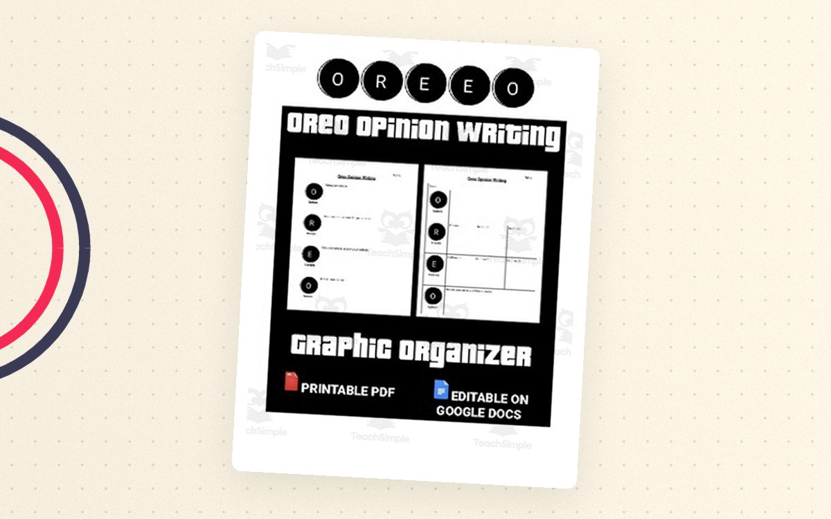 OREO Opinion Writing graphic-organizer cover with opinion, reason, example, and opinion sections.