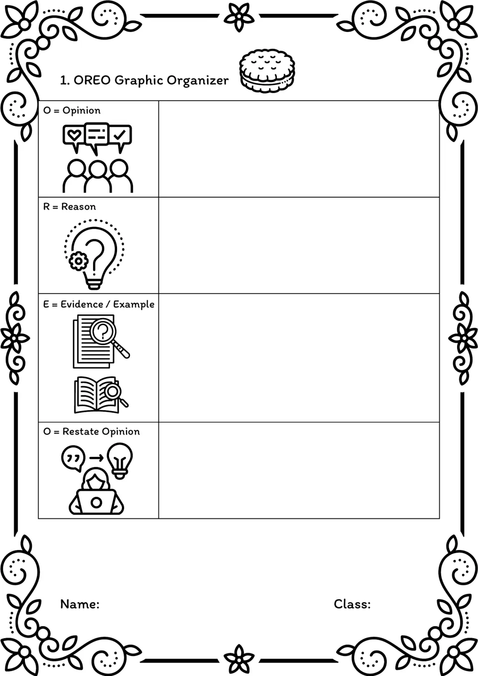 OREO opinion writing organizer, black-and-white: students write an opinion, reason, evidence or example, then restate it