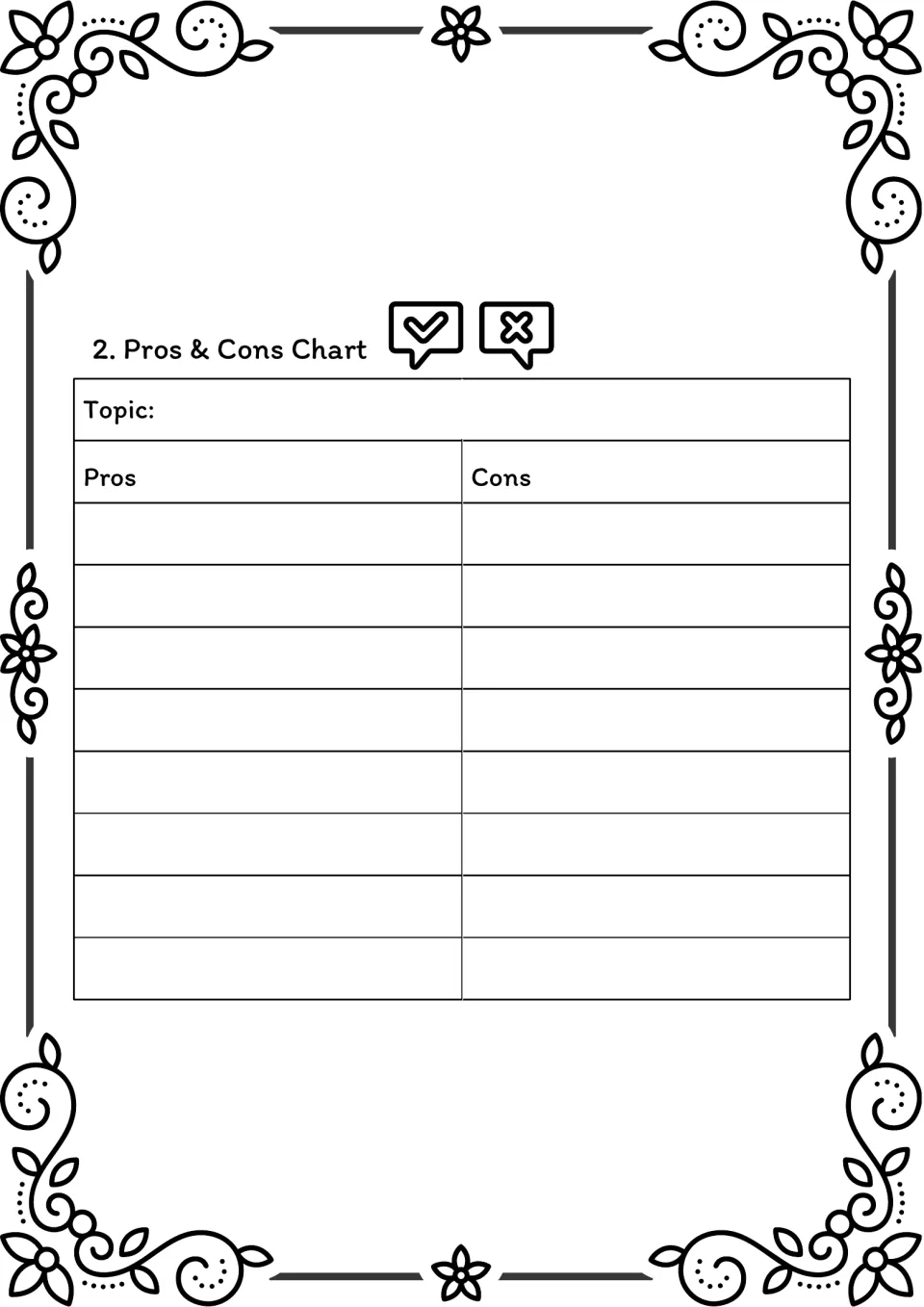 Pros and cons chart, black-and-white: students name a topic and list its advantages and disadvantages side by side