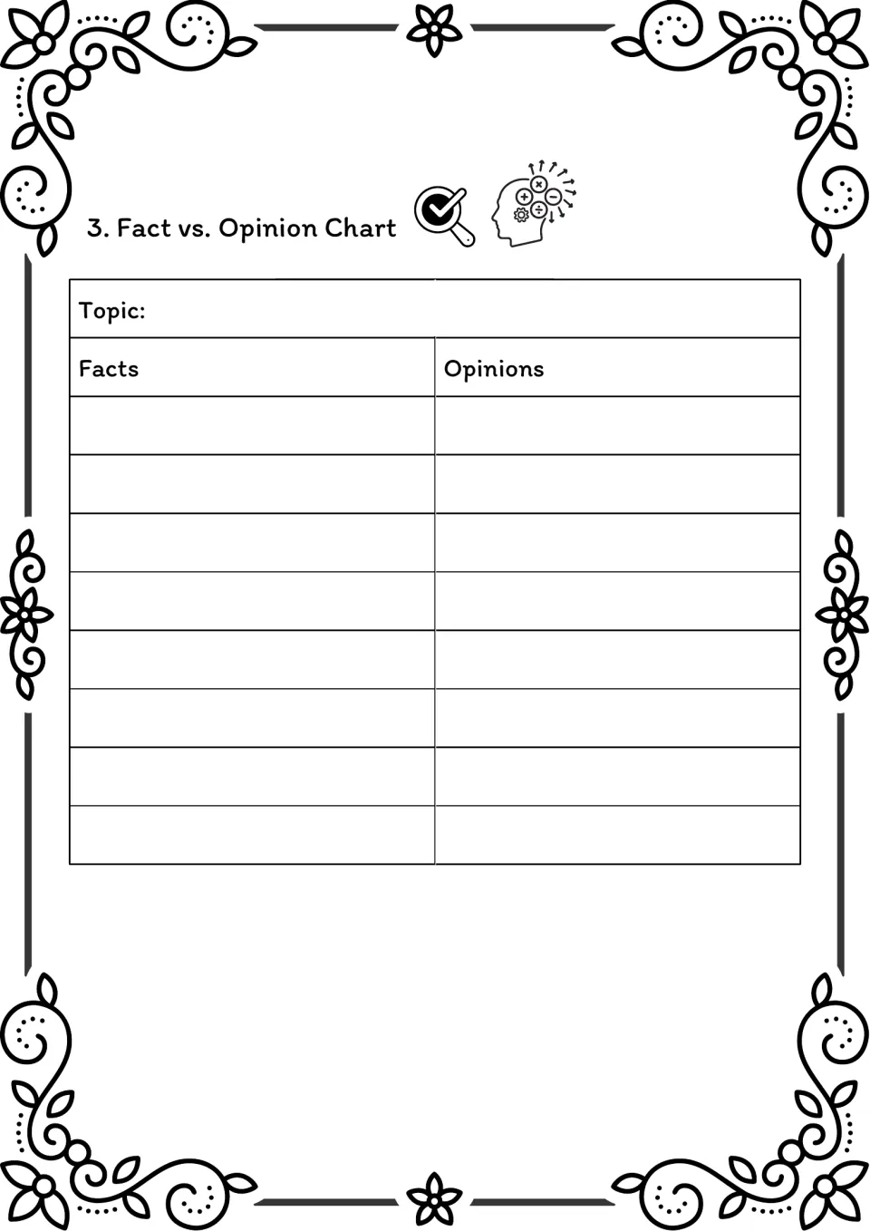 Fact vs. opinion chart, black-and-white: students sort statements about a topic into facts and opinions