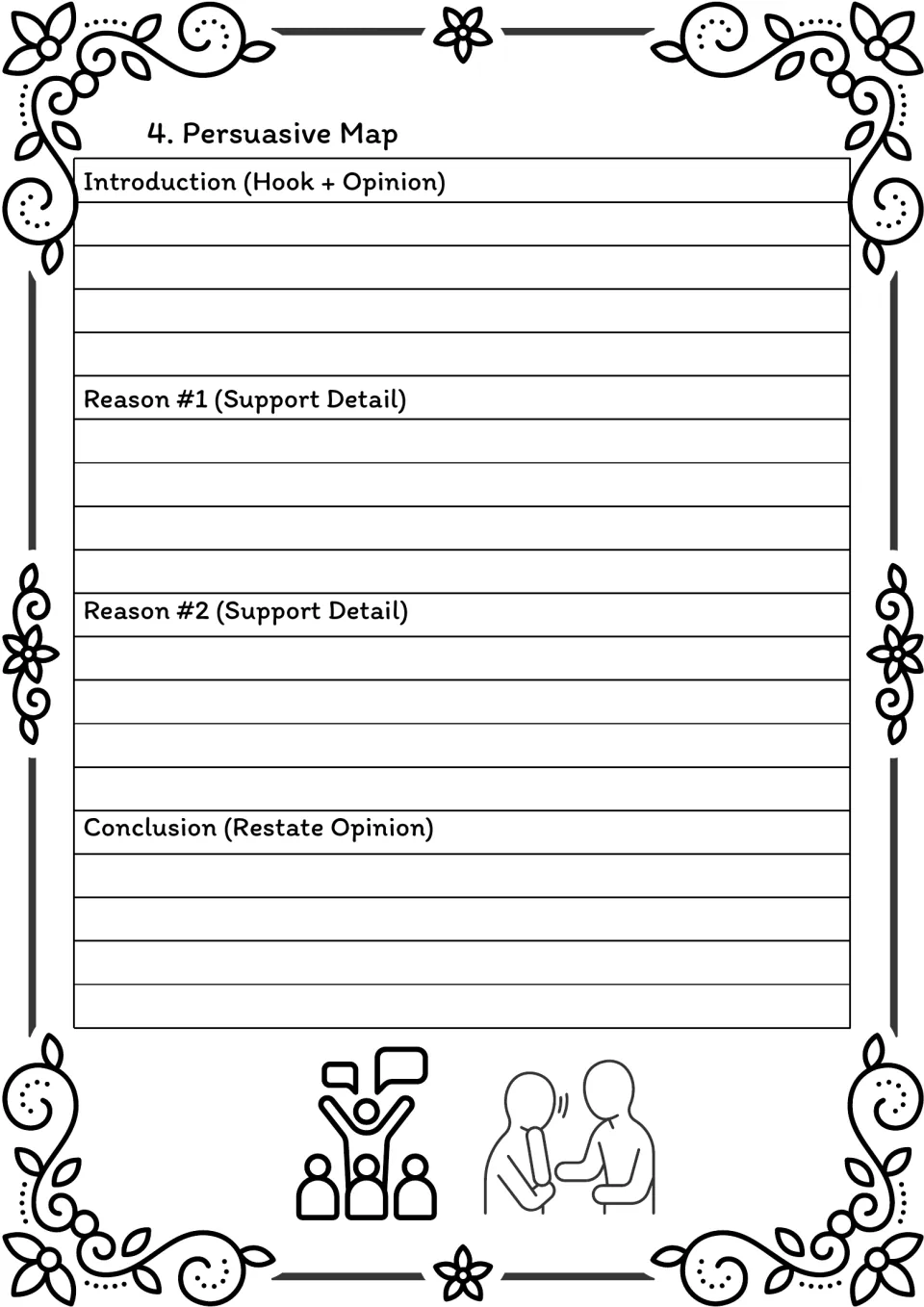 Persuasive map, black-and-white: students plan a hook and opinion, two supporting reasons and a restated conclusion