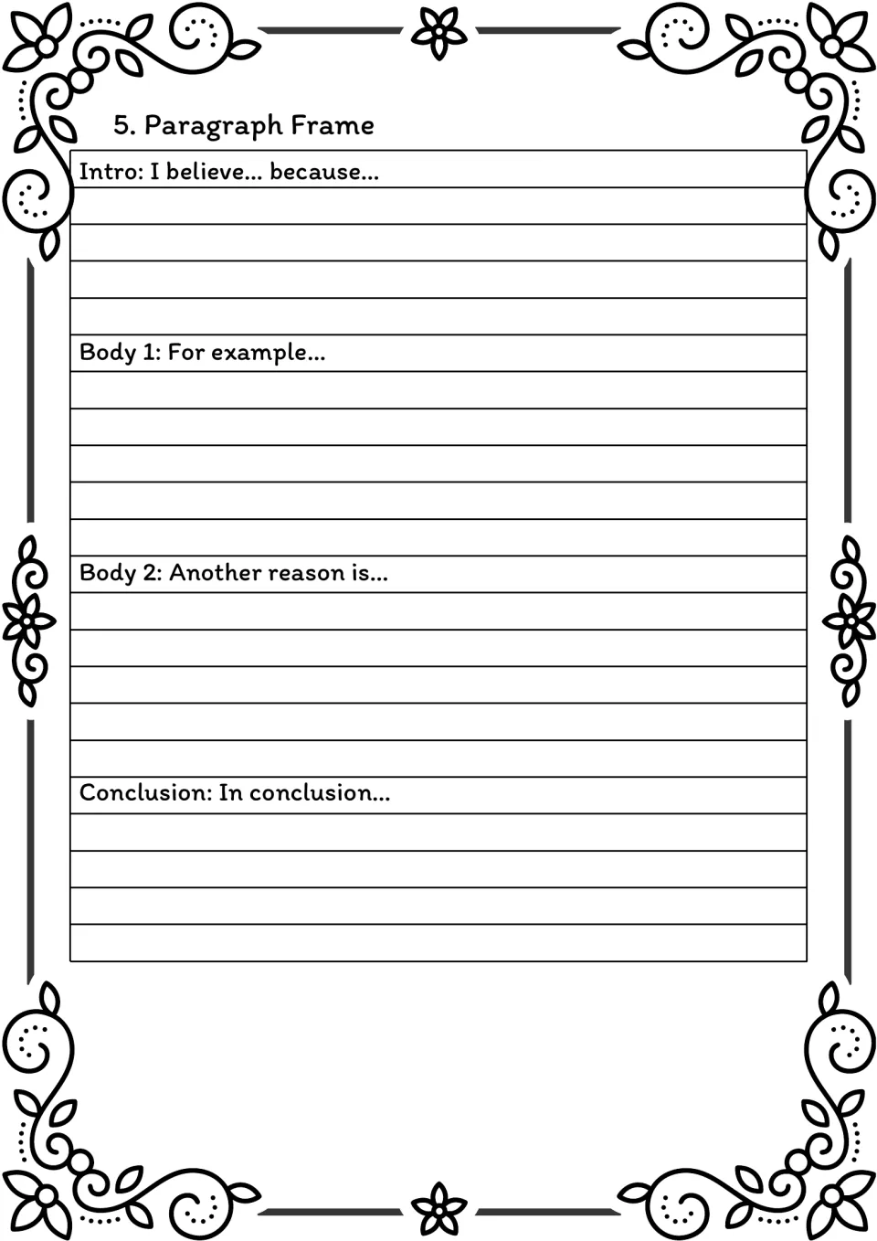 Paragraph frame, black-and-white: students draft with starters I believe, For example, Another reason is, In conclusion