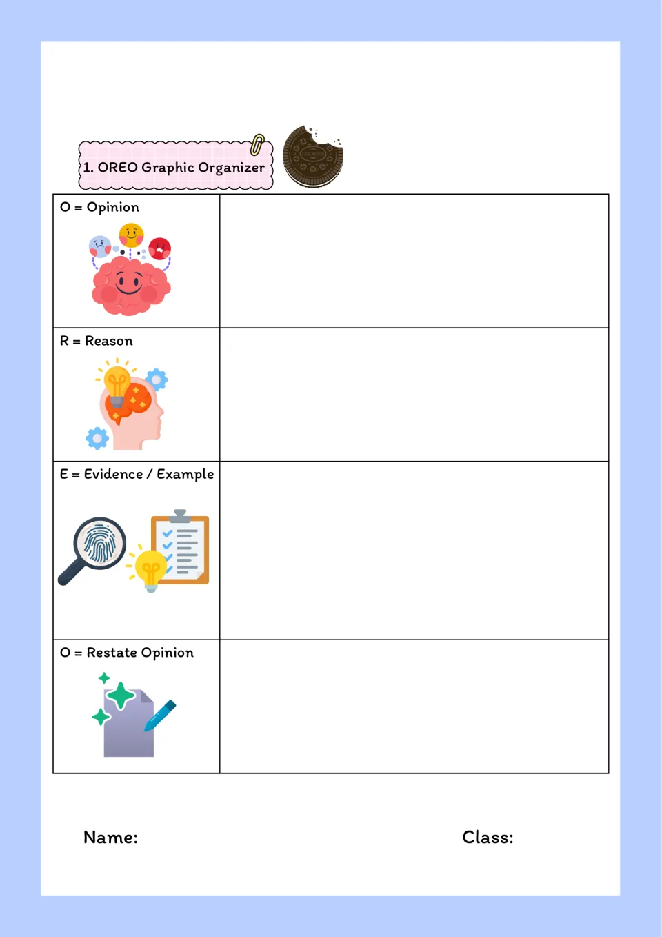 OREO planner in color: students record an opinion, a reason, evidence or an example, and a restated opinion