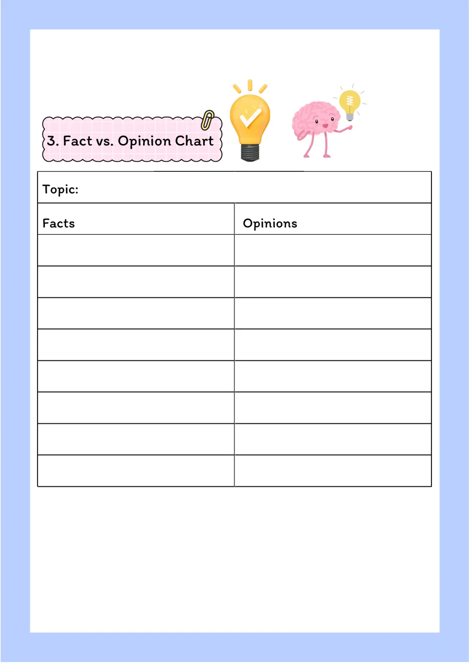 Fact vs. opinion chart in color: students write up to eight facts and eight opinions on a chosen topic