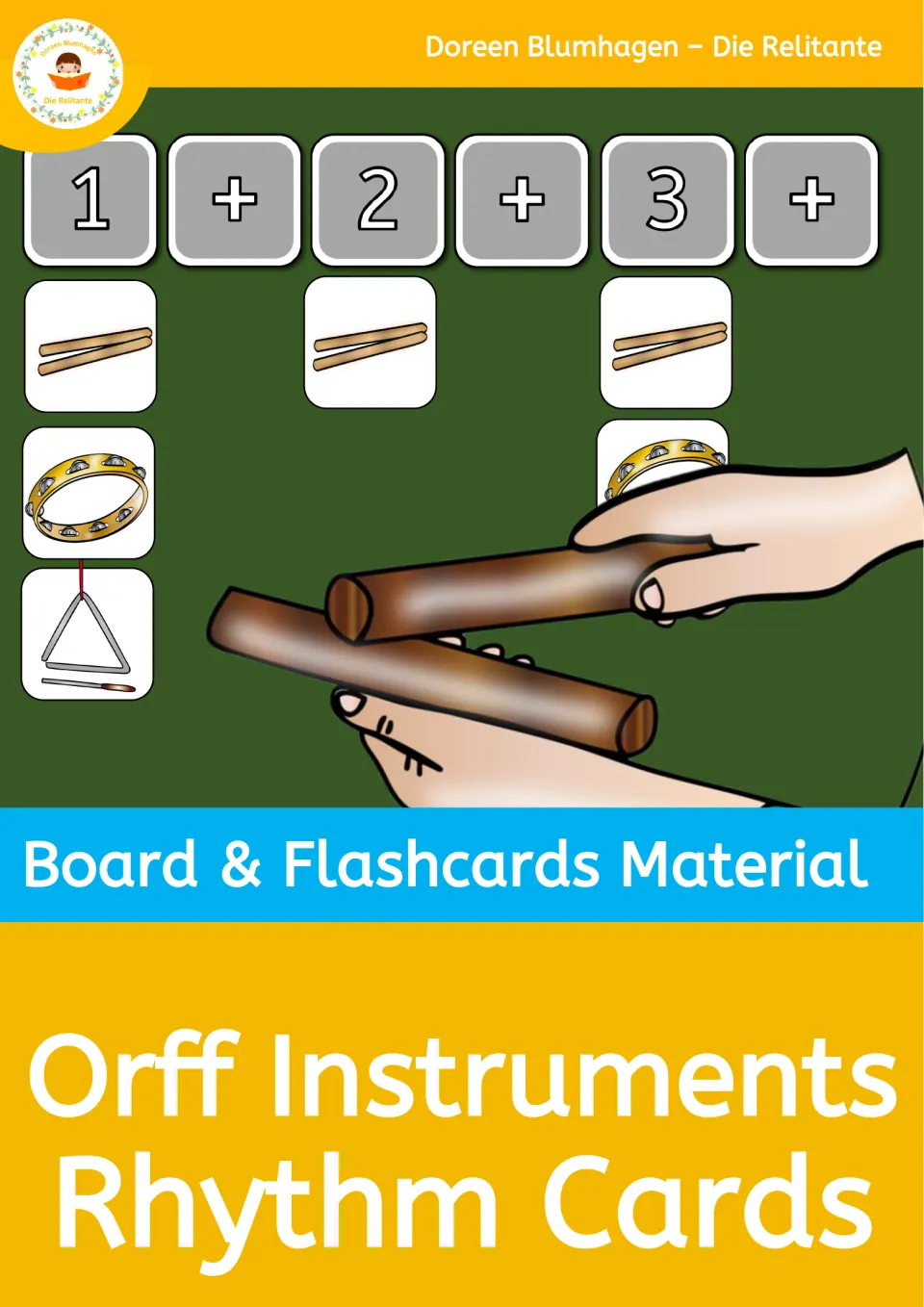 Orff Instruments Rhythm Cards cover: board and flashcards material with beat cards 1 + 2 + 3 + and instrument pictures
