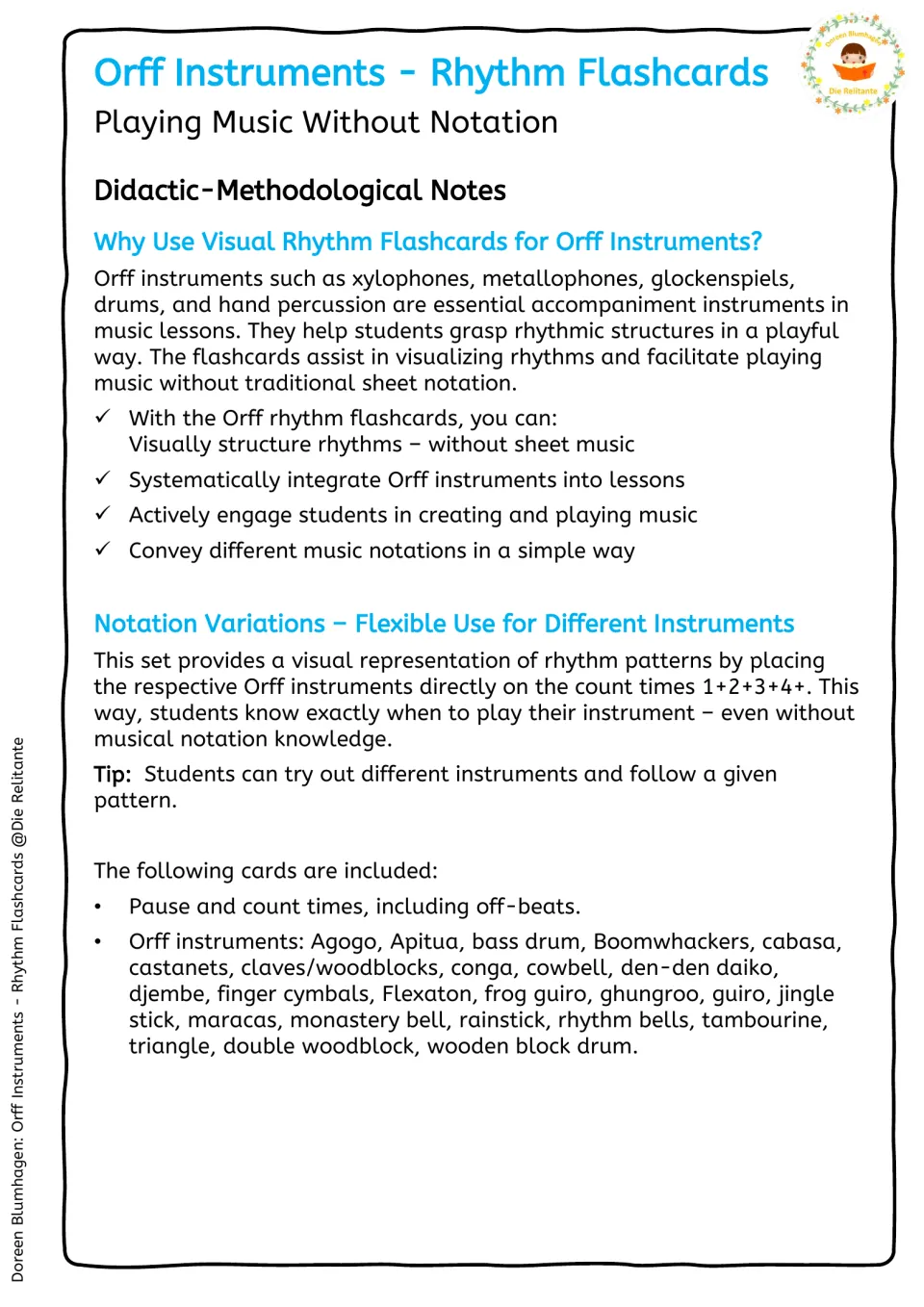 Teacher notes on using visual rhythm flashcards to play Orff instruments without notation, plus the list of included cards