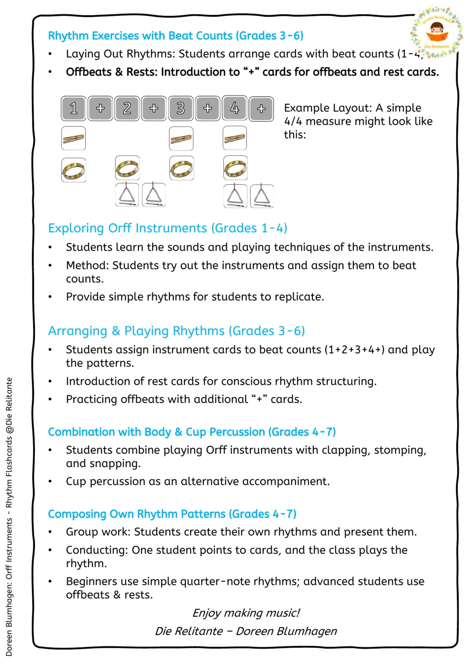 Rhythm activity ideas by grade band, with an example 4/4 measure using beat cards, claves, tambourine and triangle