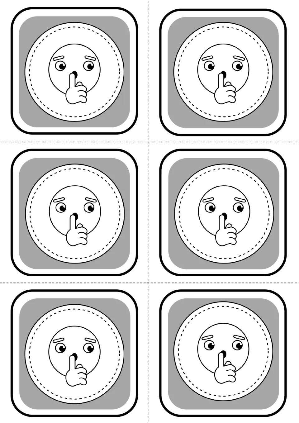 Rest cards showing a face with a finger to its lips, six to cut out for beats where students stay silent
