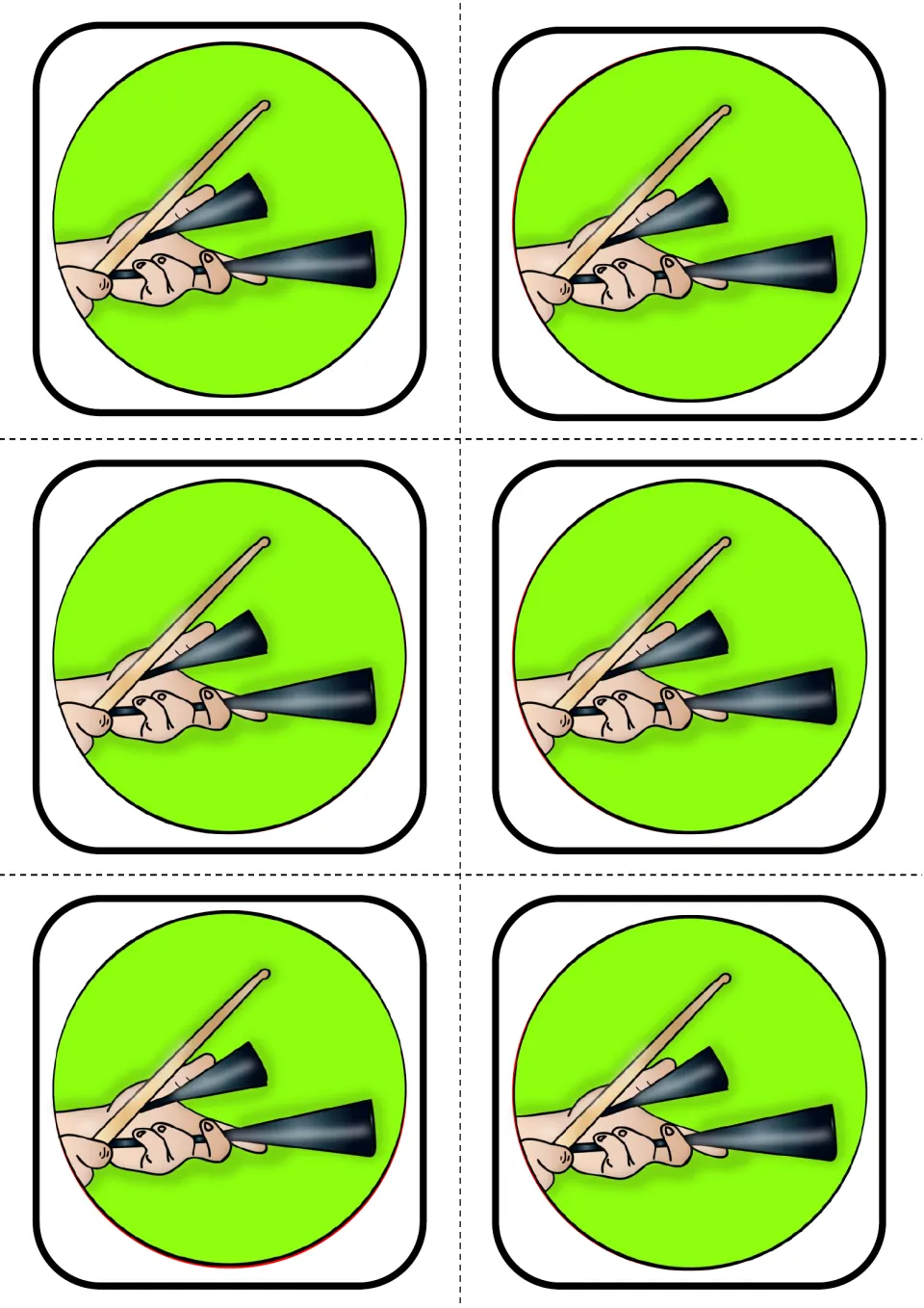 Instrument cards showing a hand holding a stick against a black double bell on green circles, six to cut out