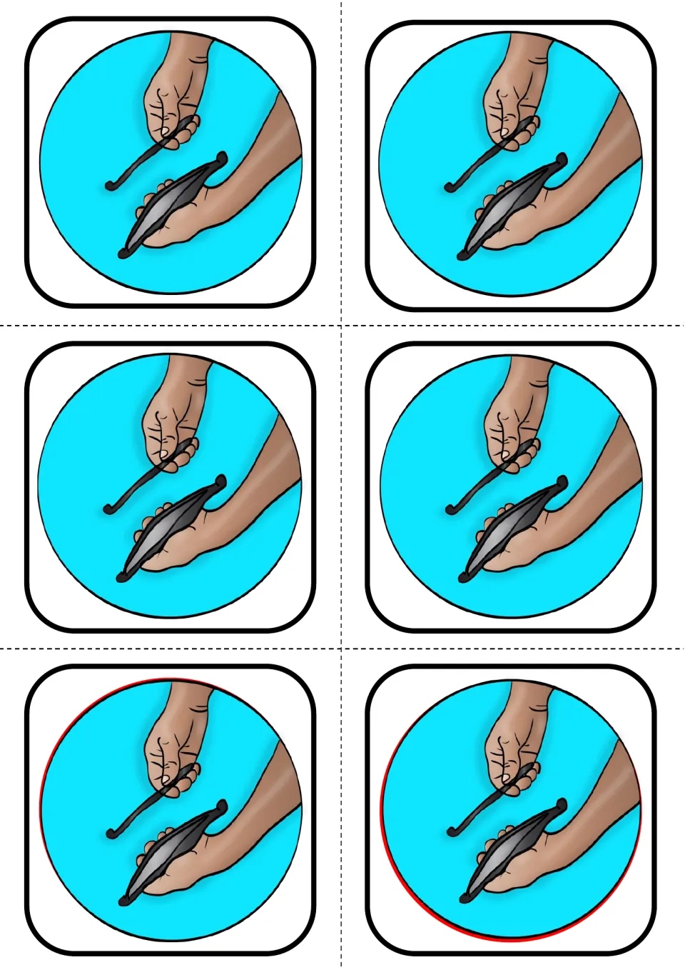 Instrument cards showing one hand scraping a stick along a dark curved instrument on blue circles, six to cut out