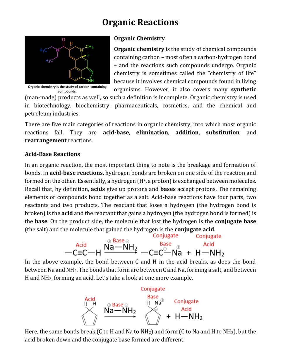 Article page 1 defines organic chemistry, names five reaction types, and explains acid-base reactions with Na–NH2