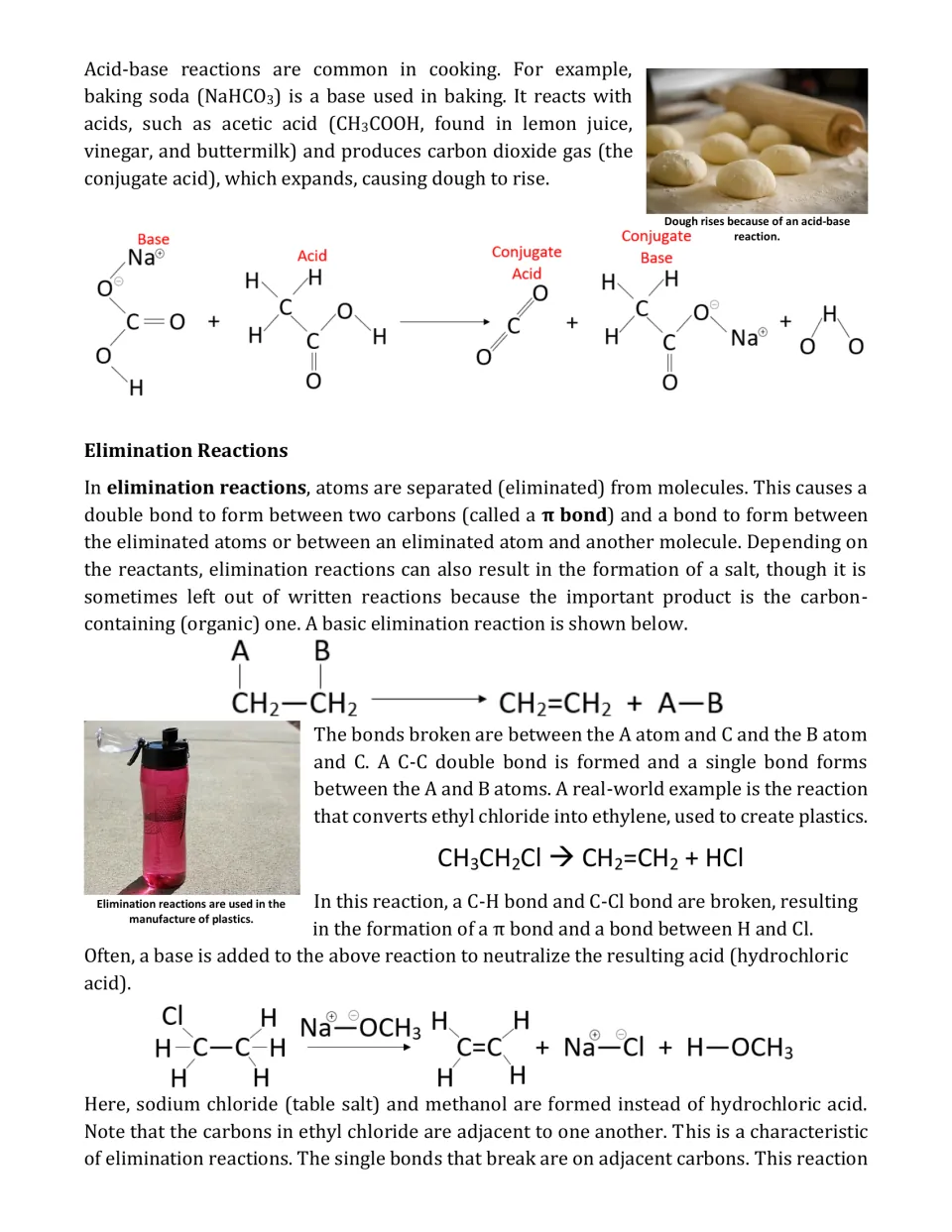 Article page 2: baking soda and acetic acid in rising dough; elimination of ethyl chloride to ethylene for plastics