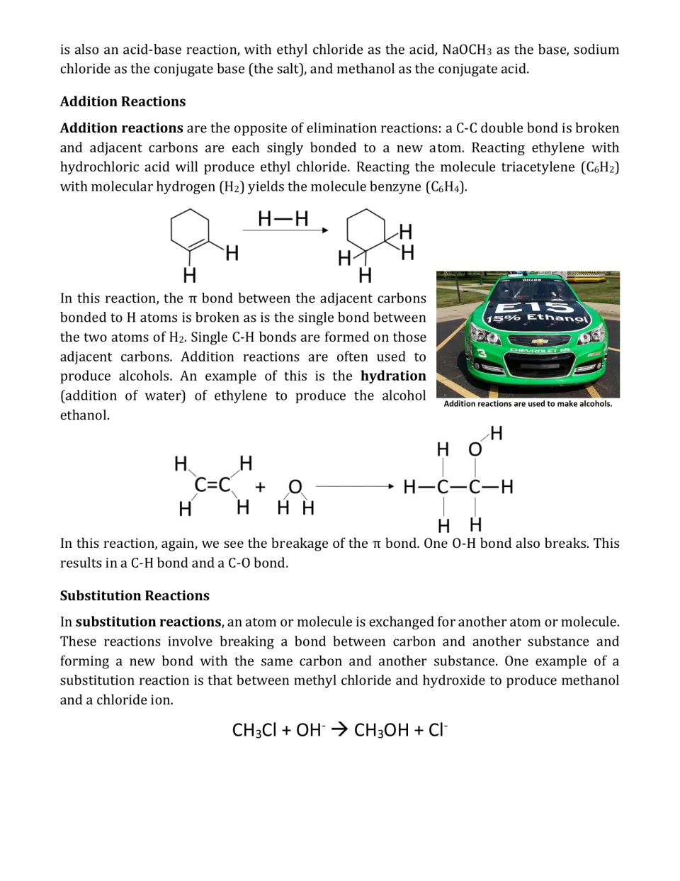 Article page 3: addition reactions such as ethylene hydration to ethanol, and CH3Cl + OH⁻ substitution