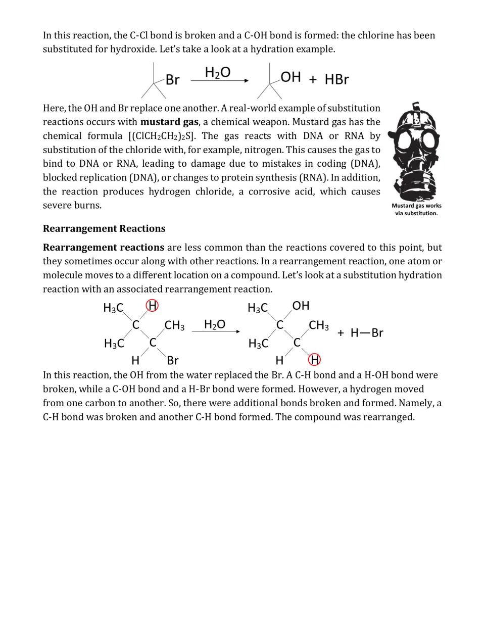 Article page 4: Br replaced by OH, mustard gas acting on DNA, and a rearrangement in which a hydrogen moves