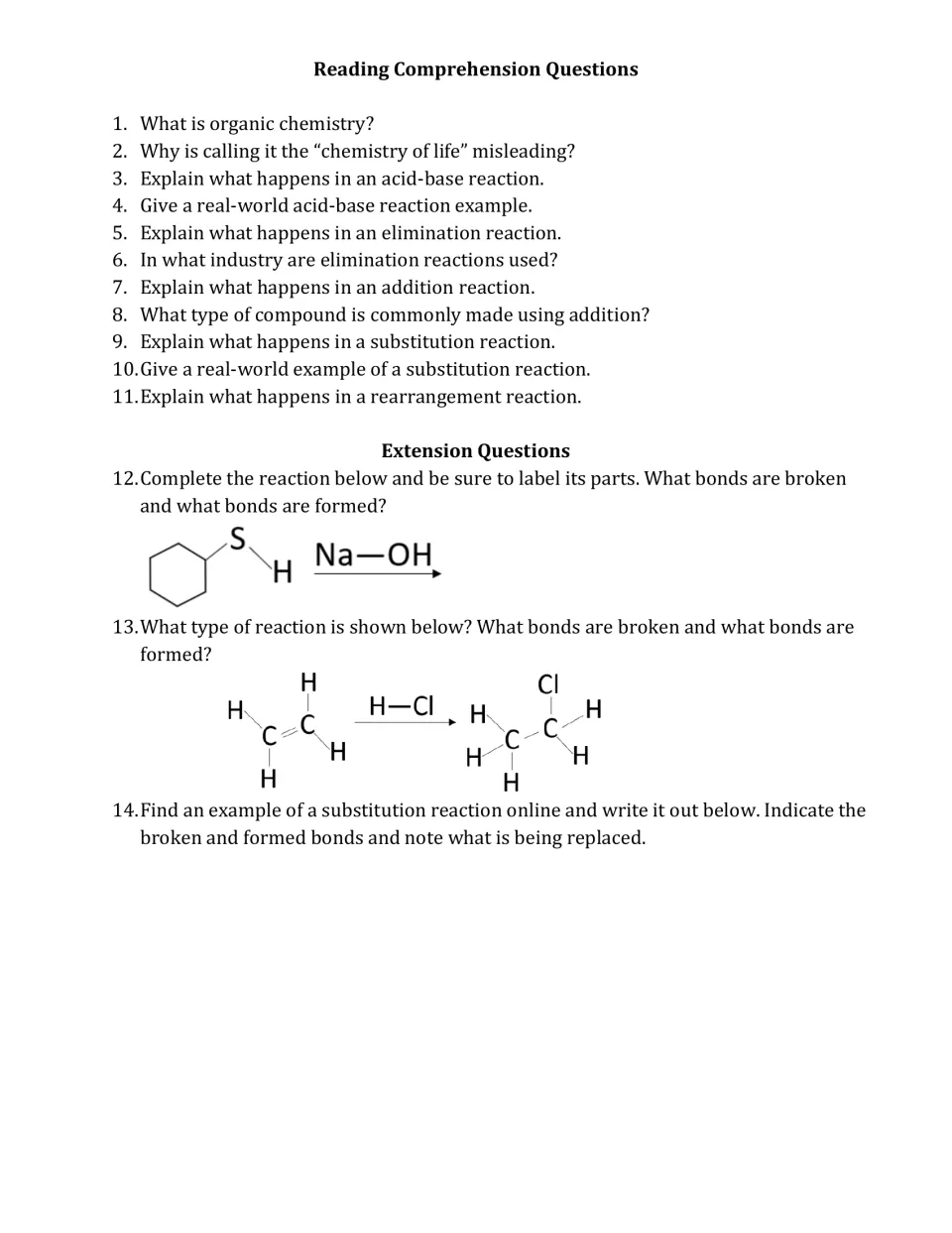 Questions 1–11 on the article, from 'What is organic chemistry?', plus extension questions 12–14 on reactions