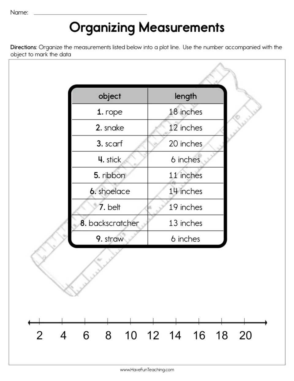 Measurement practice: plot nine objects' lengths in inches, using object numbers to mark values from 6 to 20.