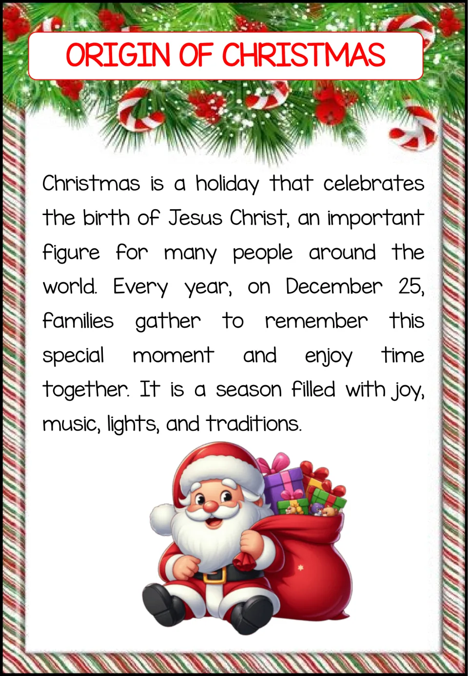 Reading passage opening explains that Christmas celebrates Jesus Christ's birth and falls on December 25