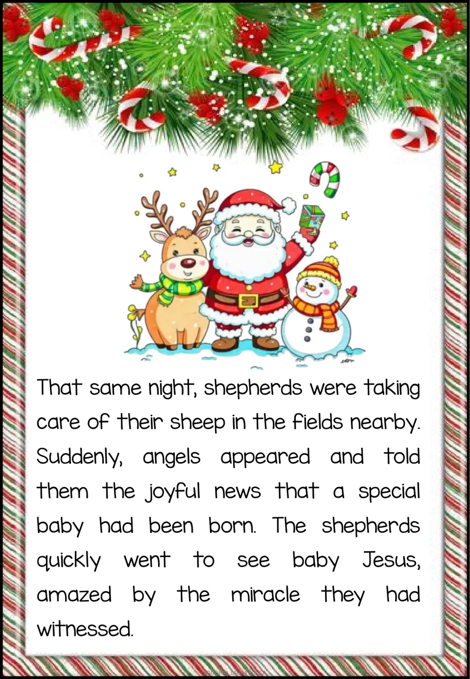 Reading passage part 4 describes angels announcing Jesus' birth to shepherds, who go to see the baby