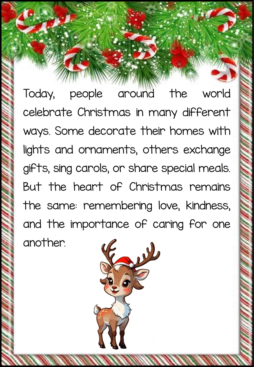 Reading passage part 6 describes Christmas decorations, gifts, carols, meals, and caring for one another