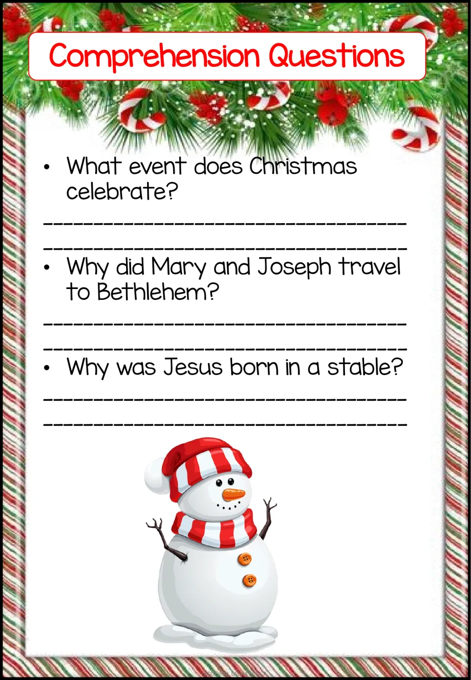 Comprehension questions 1–3 ask what Christmas celebrates, why Mary and Joseph traveled, and why Jesus had a stable