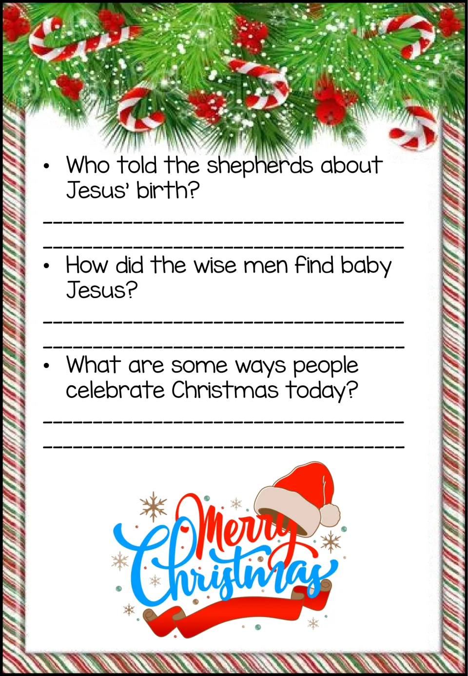 Comprehension questions 4–6 ask who told the shepherds, how wise men found Jesus, and how people celebrate today