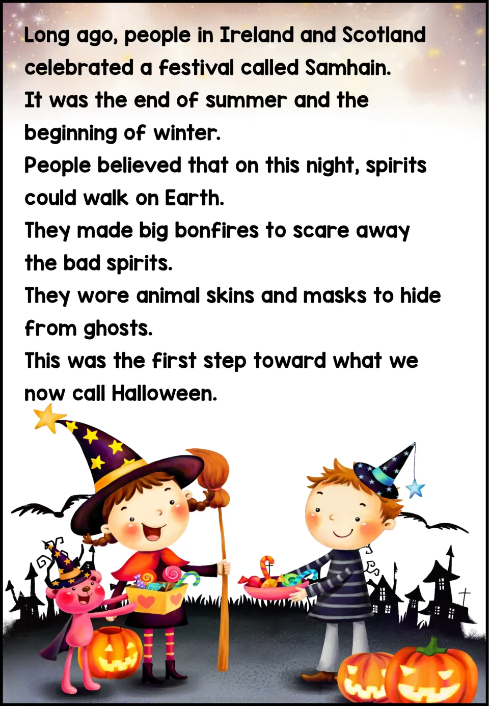 First reading page explains Samhain in Ireland and Scotland, beliefs about spirits, bonfires, and masks