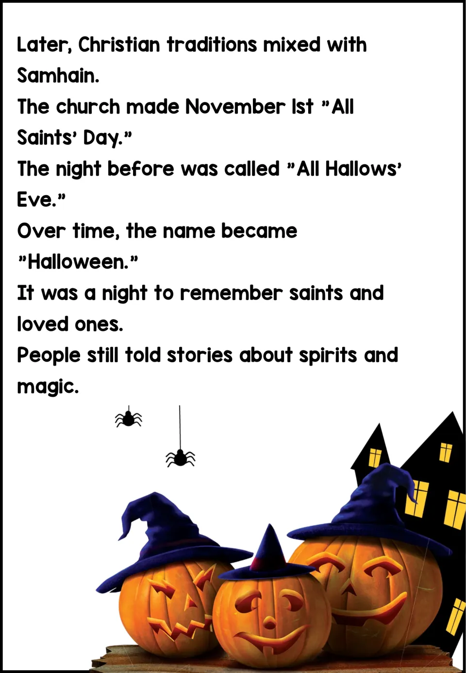 Second reading page connects Samhain with All Saints' Day and explains how All Hallows' Eve became Halloween
