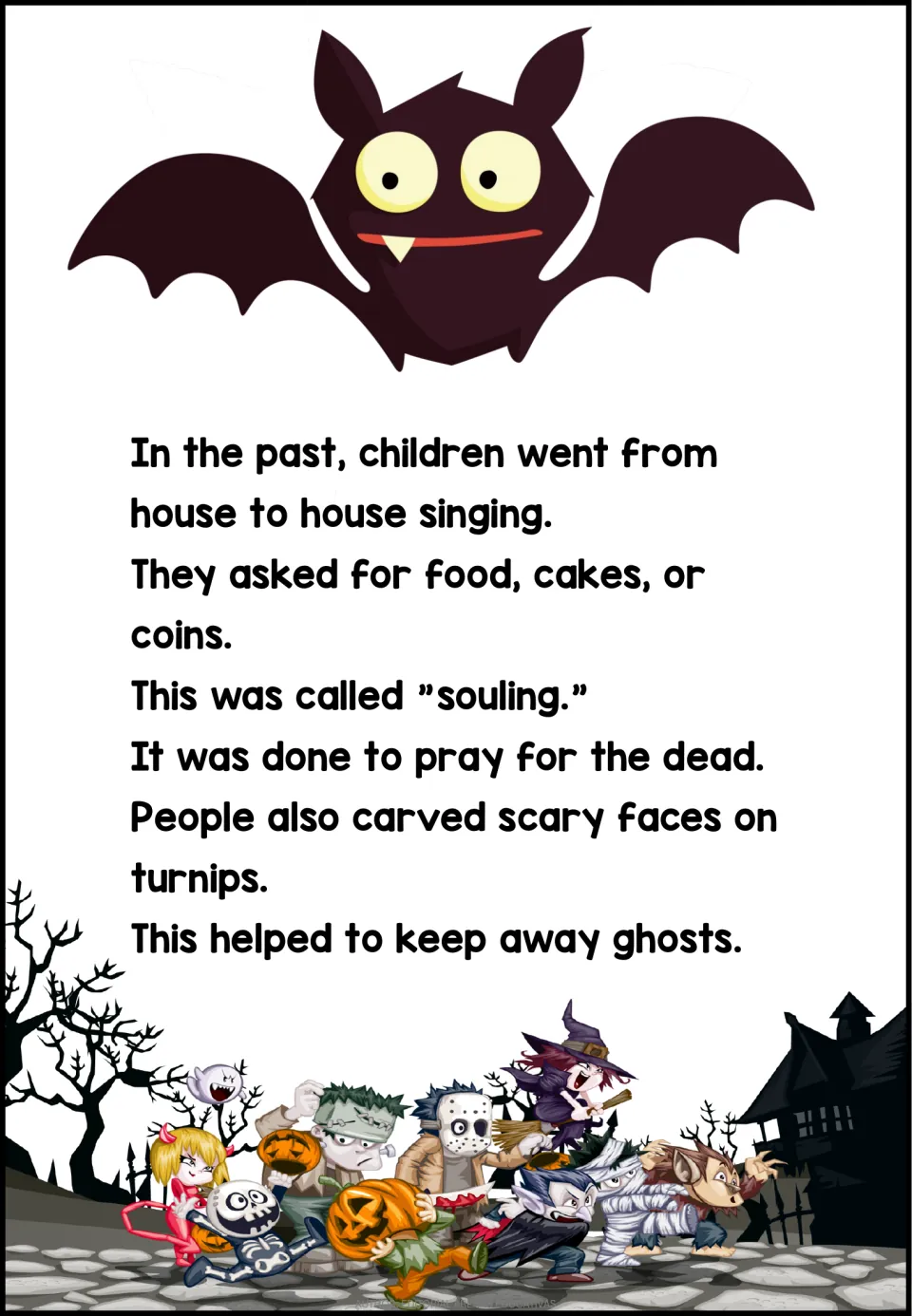 Third reading page describes souling for food, cakes, or coins and carving faces on turnips to deter ghosts