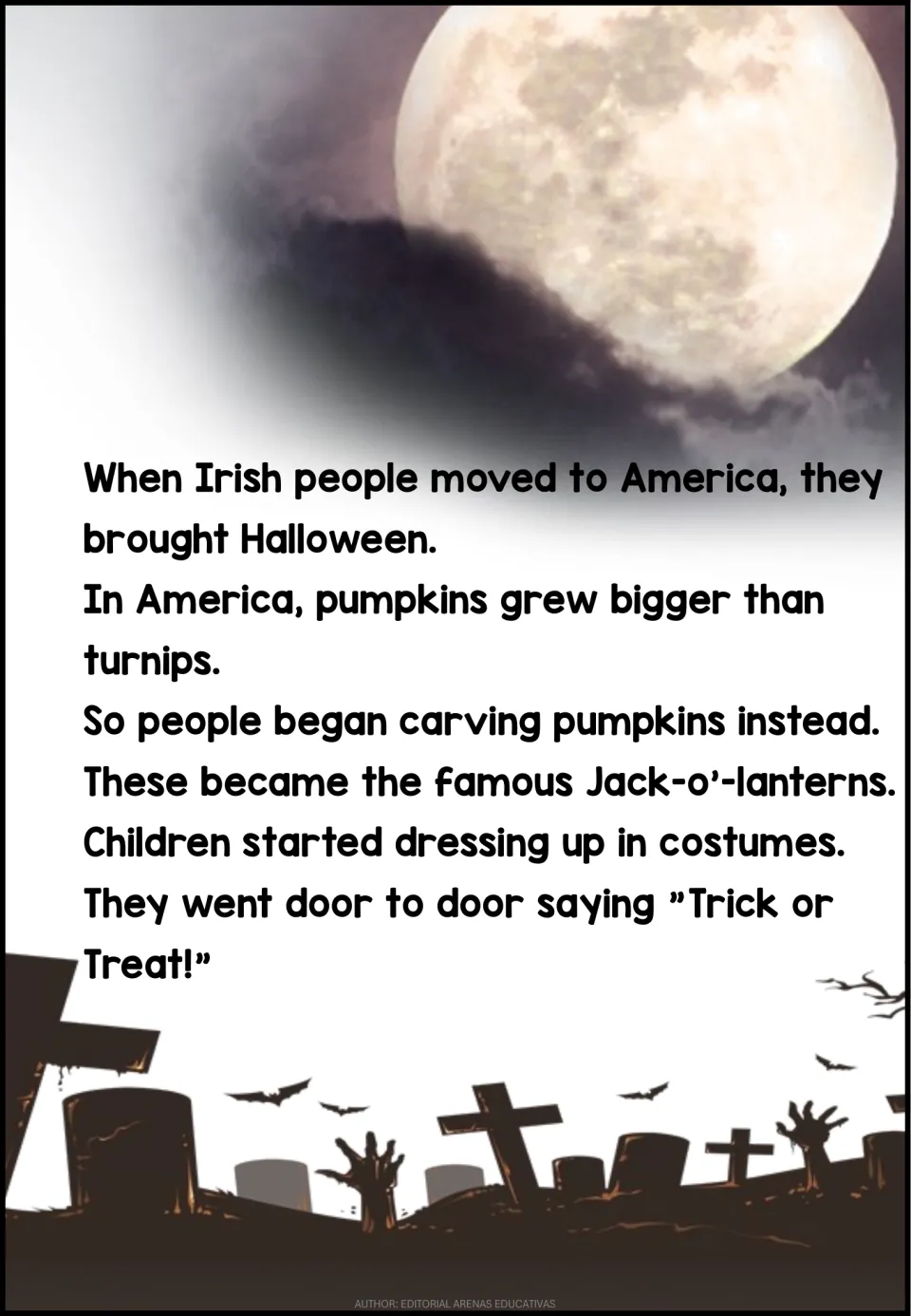 Fourth reading page describes Irish immigrants bringing Halloween to America, pumpkin carving, and trick-or-treating