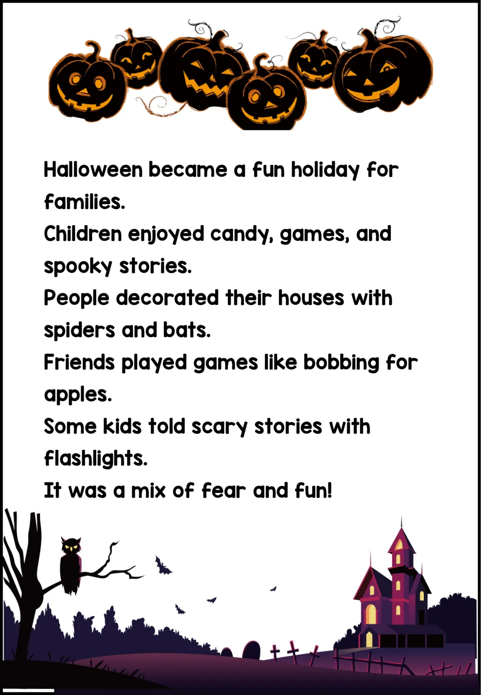 Fifth reading page describes family Halloween celebrations with candy, spooky stories, and bobbing for apples