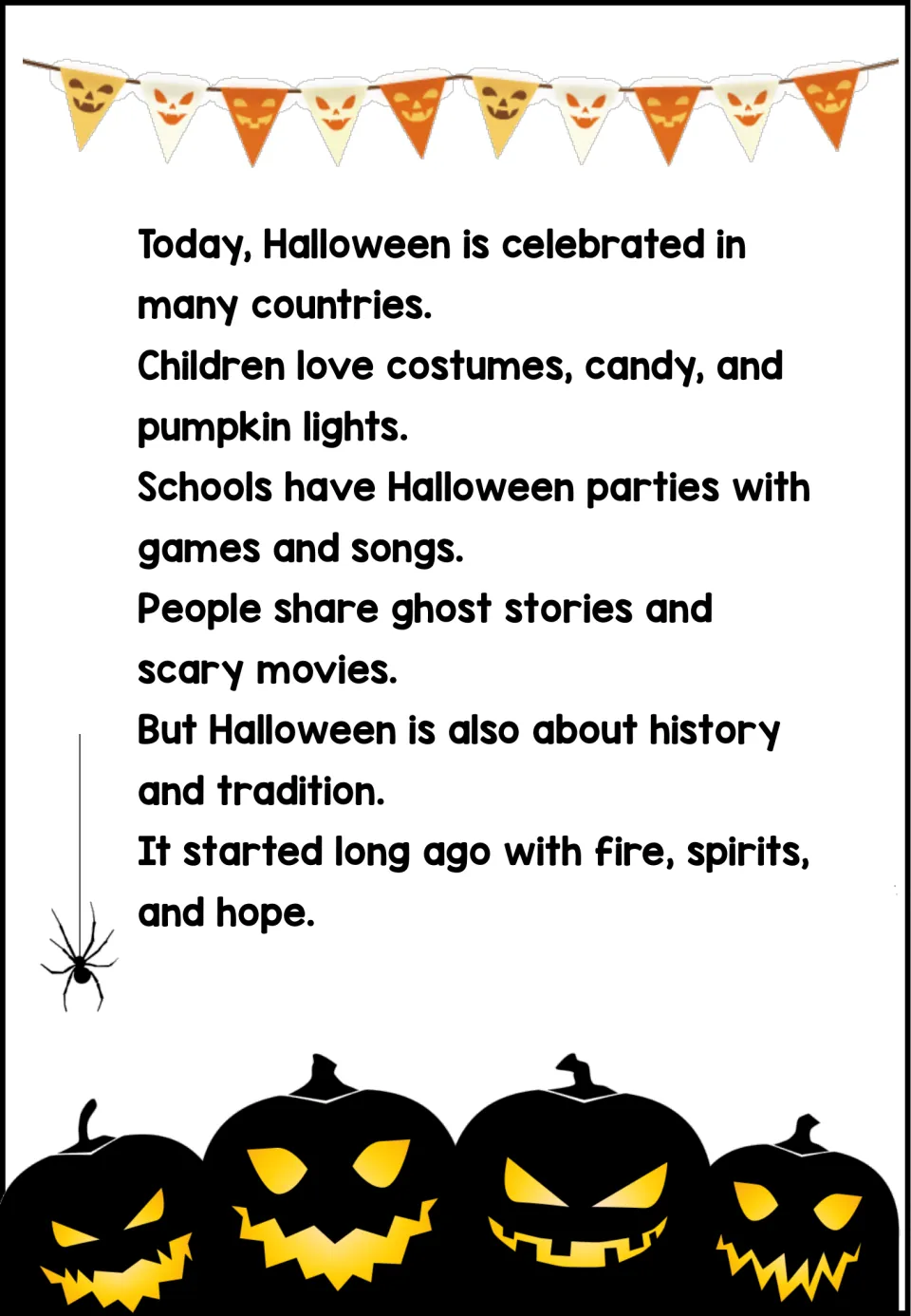 Sixth reading page describes Halloween today, including costumes, school parties, ghost stories, and tradition