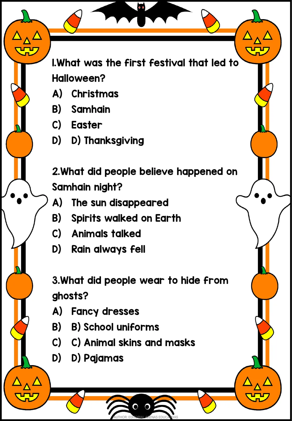 Comprehension questions 1–3 ask about the first Halloween festival, Samhain spirit beliefs, and disguises