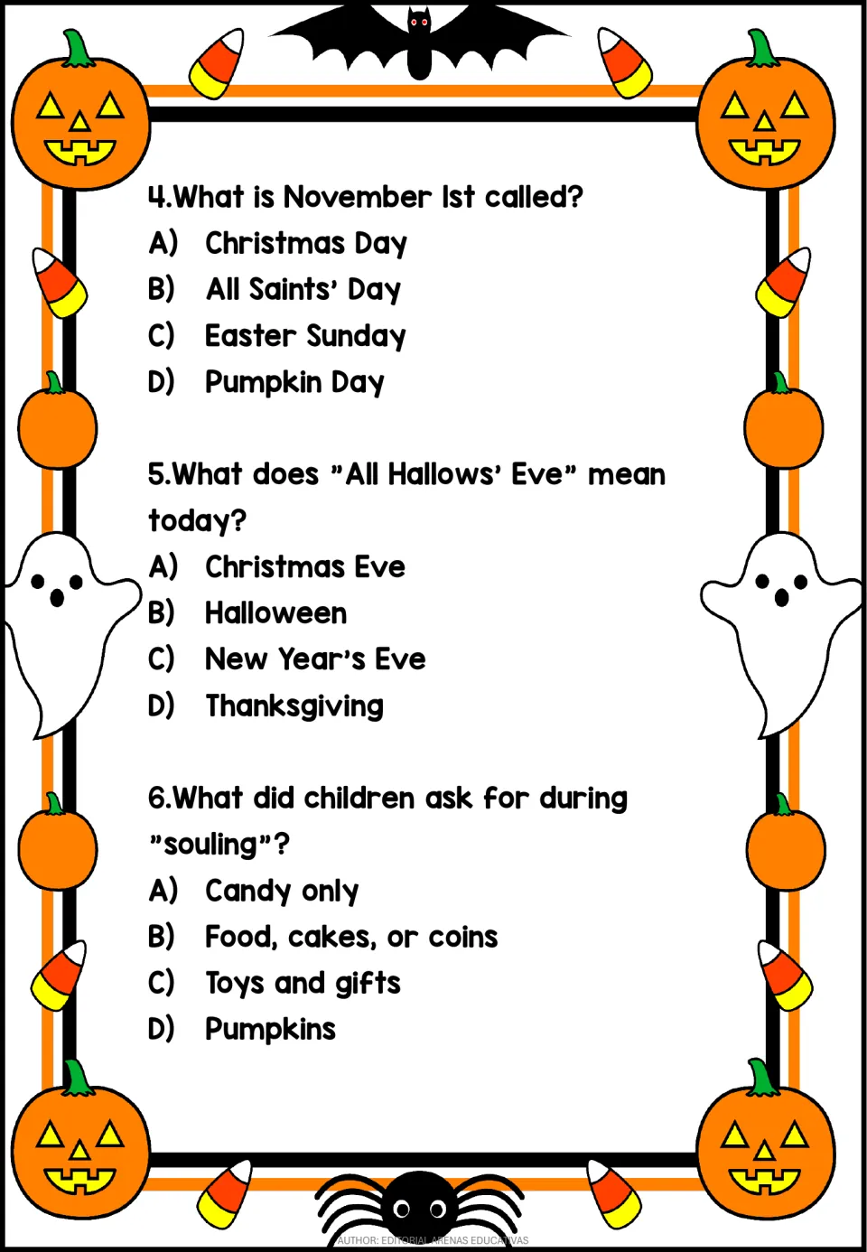 Comprehension questions 4–6 ask about November 1, the name All Hallows' Eve, and what children sought while souling