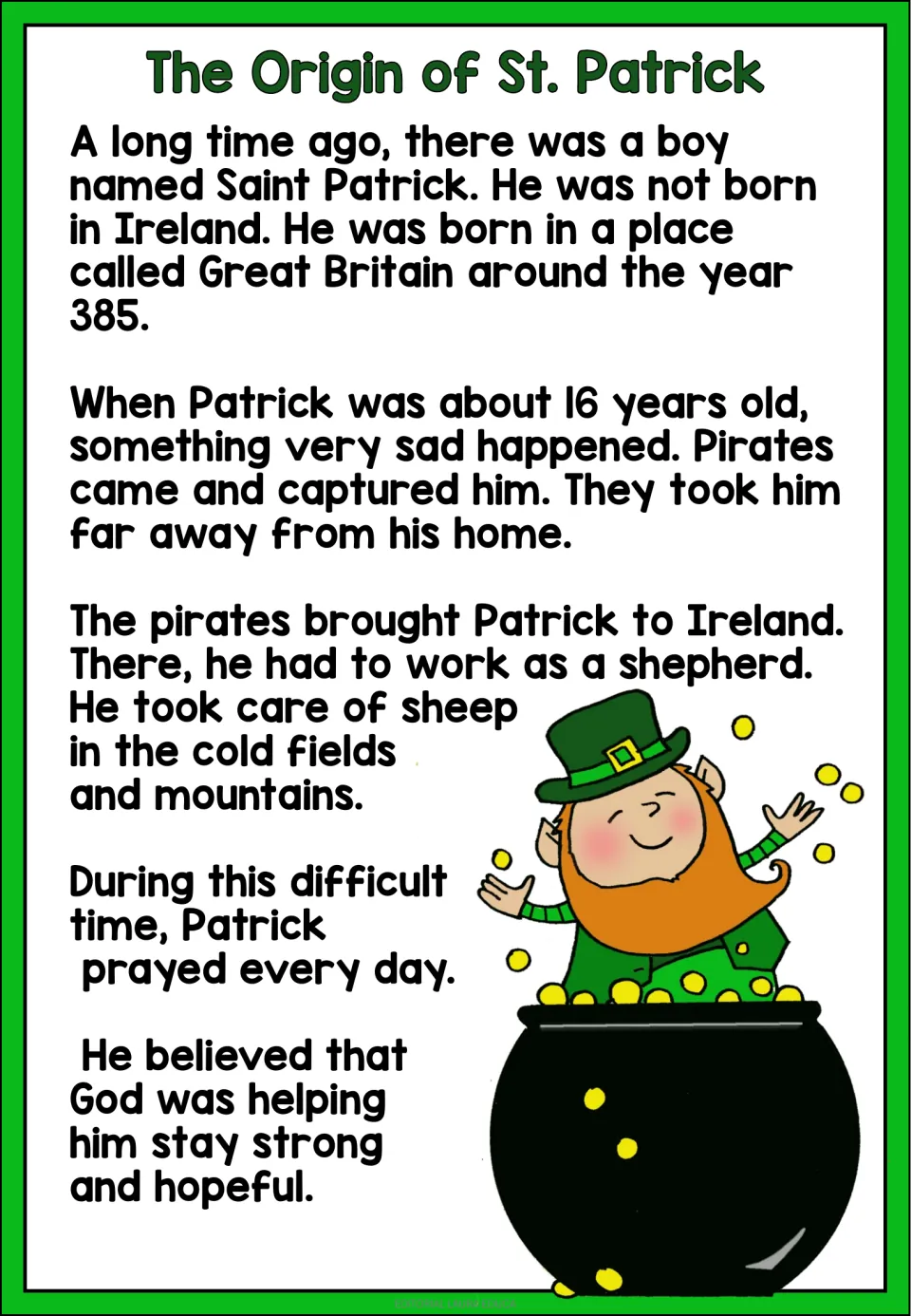 Reading passage opening: Patrick's birth in Great Britain, capture at 16, shepherd work in Ireland, and prayer