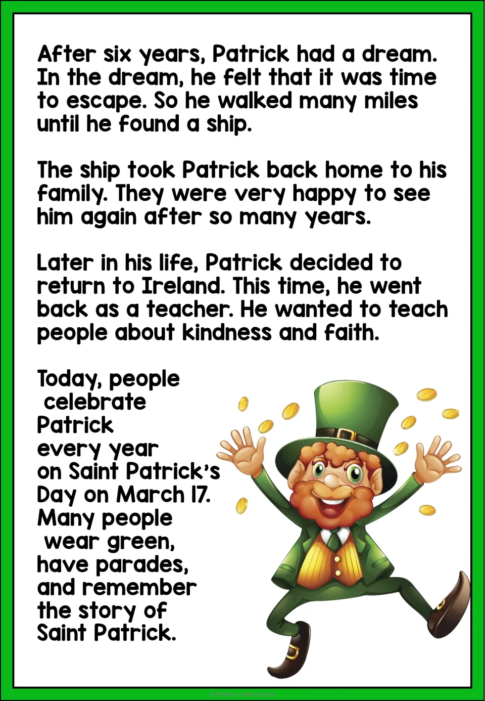 Reading passage conclusion: Patrick escapes, returns home, teaches in Ireland, and is celebrated on March 17