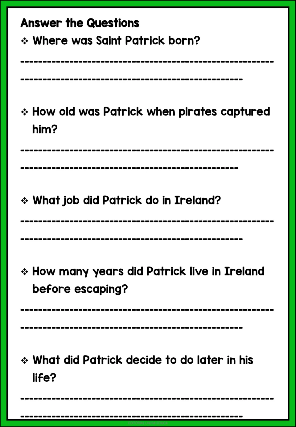 Five short-answer questions on Patrick's birthplace, age at capture, job, years in Ireland, and later life