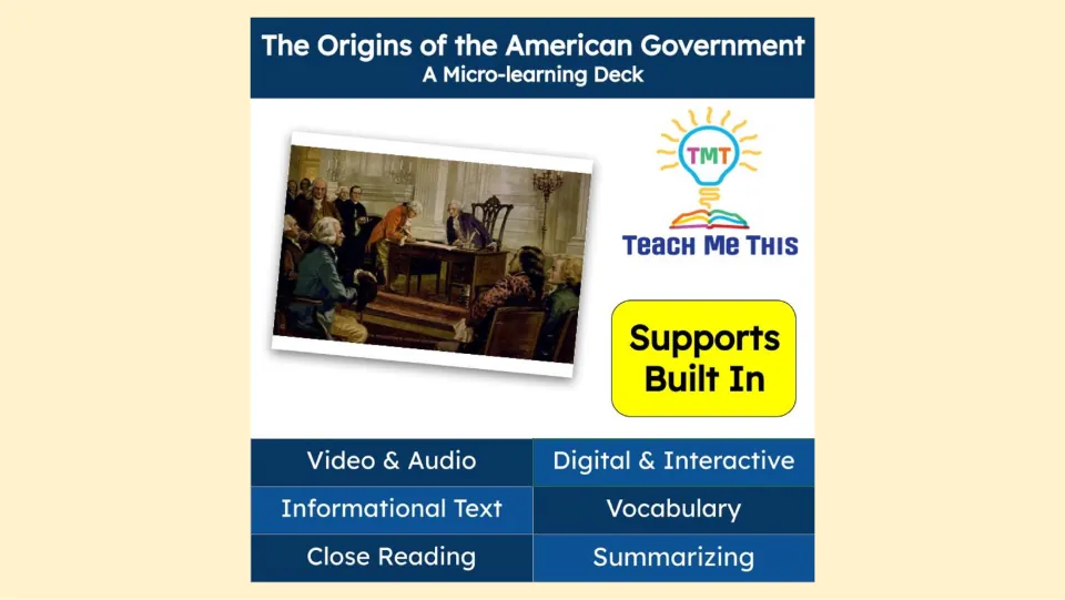 Cover of The Origins of the American Government micro-learning deck, highlighting audio and reading supports