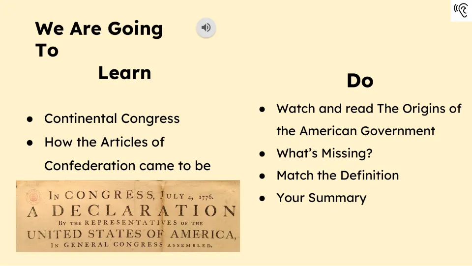 Lesson objectives introduce the Continental Congress and Articles of Confederation, followed by activity names