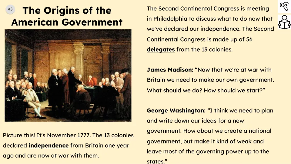 Reading part 1 introduces the Second Continental Congress and dialogue about creating a national government