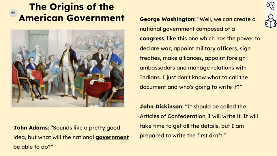 Reading part 2 describes proposed congressional powers and John Dickinson offering to draft the Articles