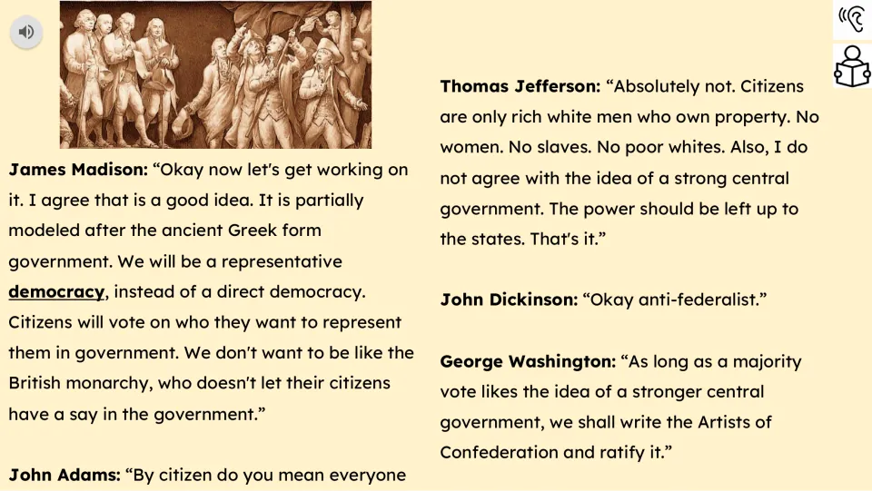 Reading part 3 presents dialogue about representative democracy, limits on citizenship, and state power
