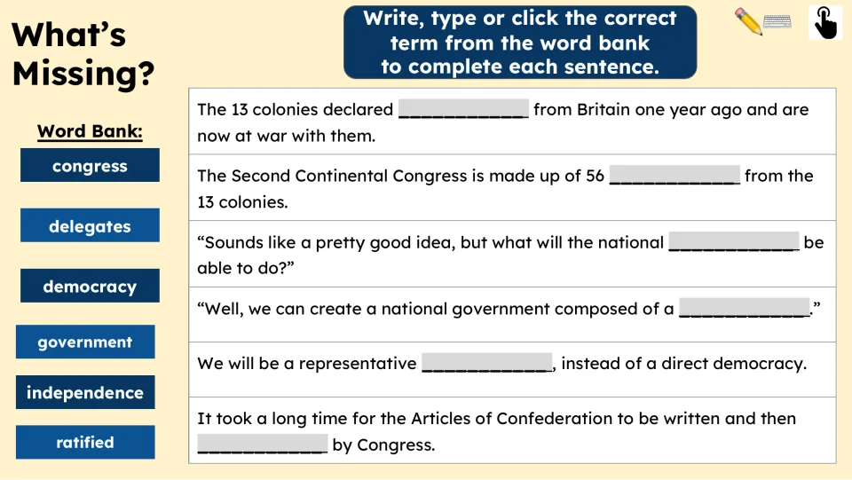 What's Missing? activity asks students to complete six government reading sentences using a six-term word bank